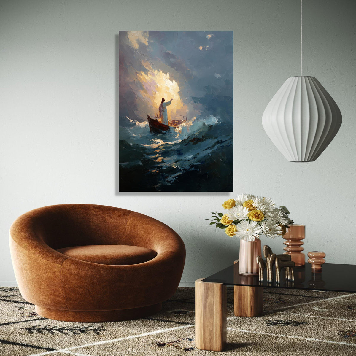 Jesus Calming Storm Canvas Wall Art, Inspirational Religious Painting, Spiritual Boat Scene, Dramatic Ocean Gift Art, Home Decor, Print