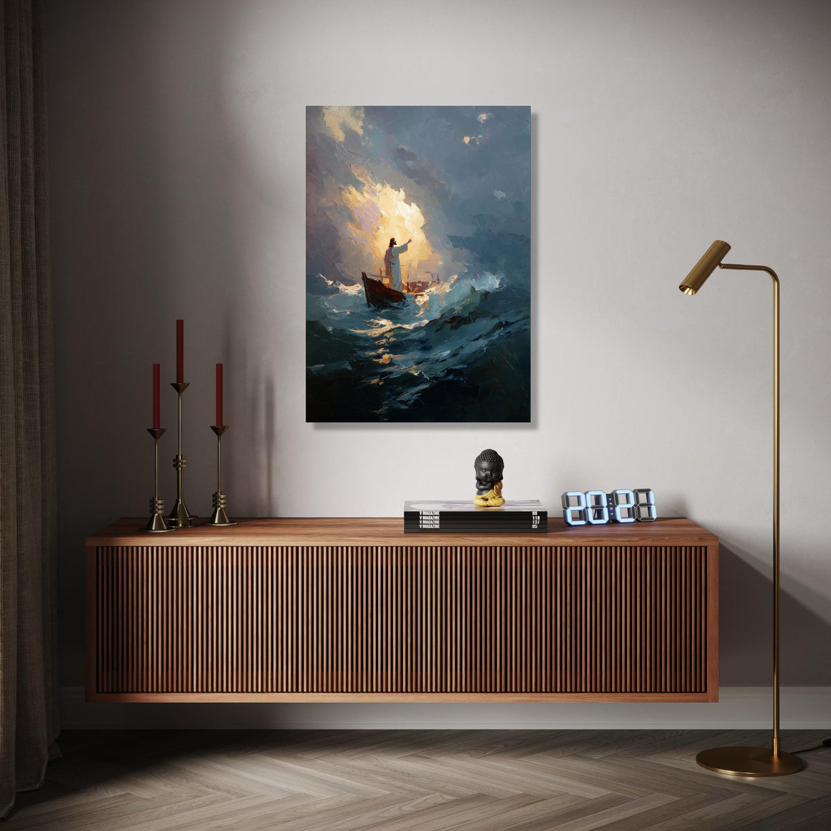 Jesus Calming Storm Canvas Wall Art, Inspirational Religious Painting, Spiritual Boat Scene, Dramatic Ocean Gift Art, Home Decor, Print