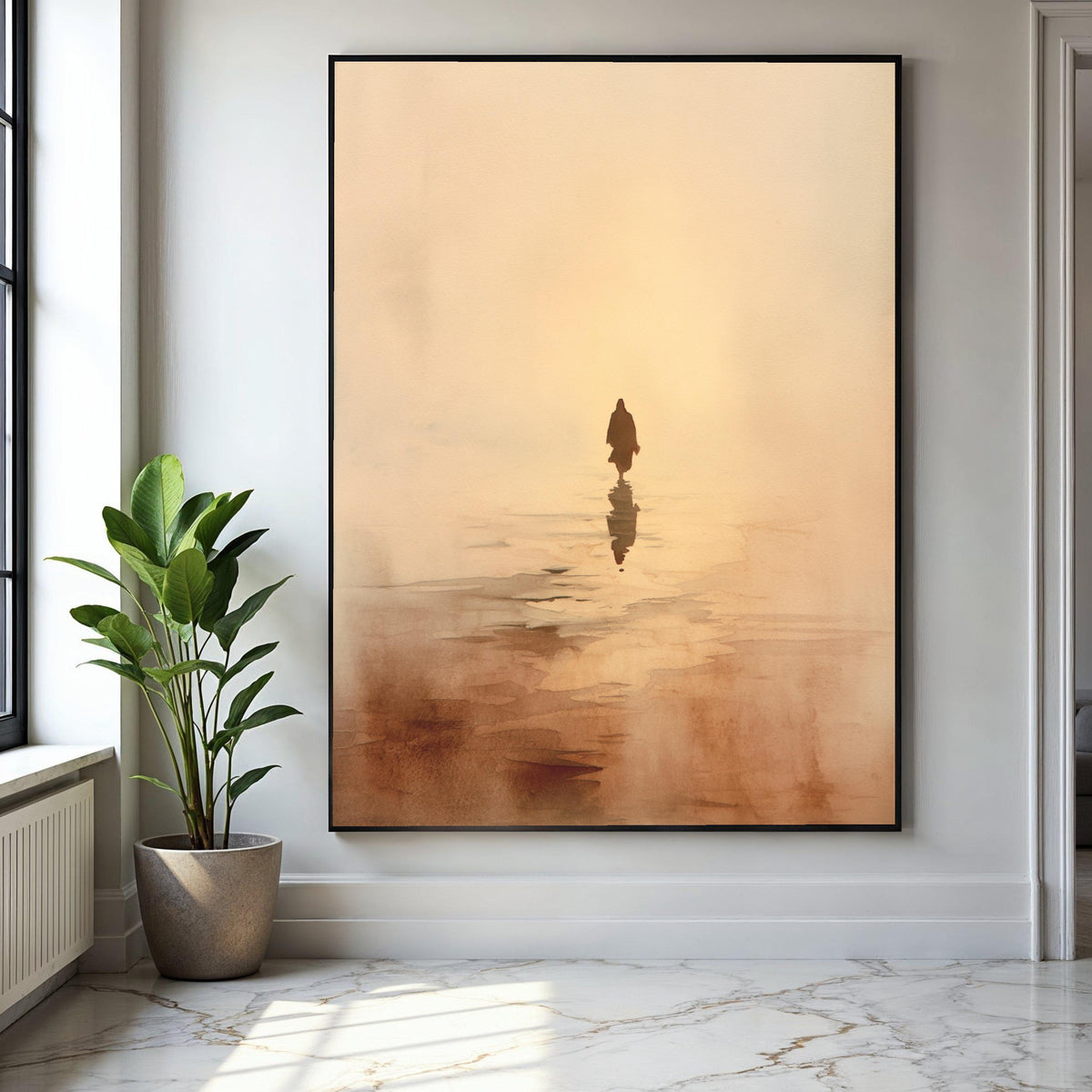 Serene Jesus Silhouette Canvas, Spiritual Wall Art, Walking on Water Design, Inspirational Religious Canvas, Gift Art, Home Decor, Print