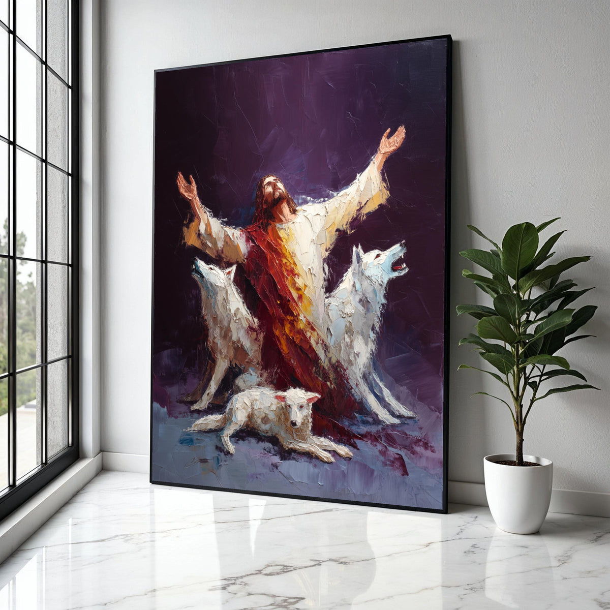 Spiritual Guardian Jesus with White Wolves Canvas, Religious Wall Art, Inspirational Christian Painting, Gift Art, Home Decor, Print