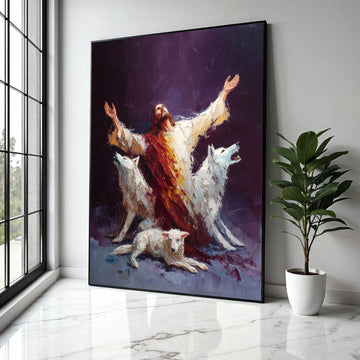 Spiritual Guardian Jesus with White Wolves Canvas, Religious Wall Art, Inspirational Christian Painting, Gift Art, Home Decor, Print