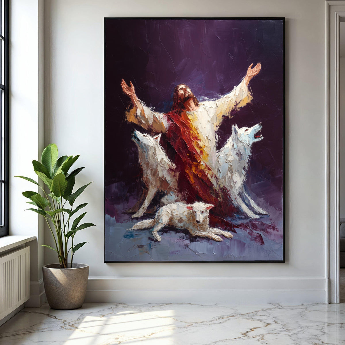 Spiritual Guardian Jesus with White Wolves Canvas, Religious Wall Art, Inspirational Christian Painting, Gift Art, Home Decor, Print