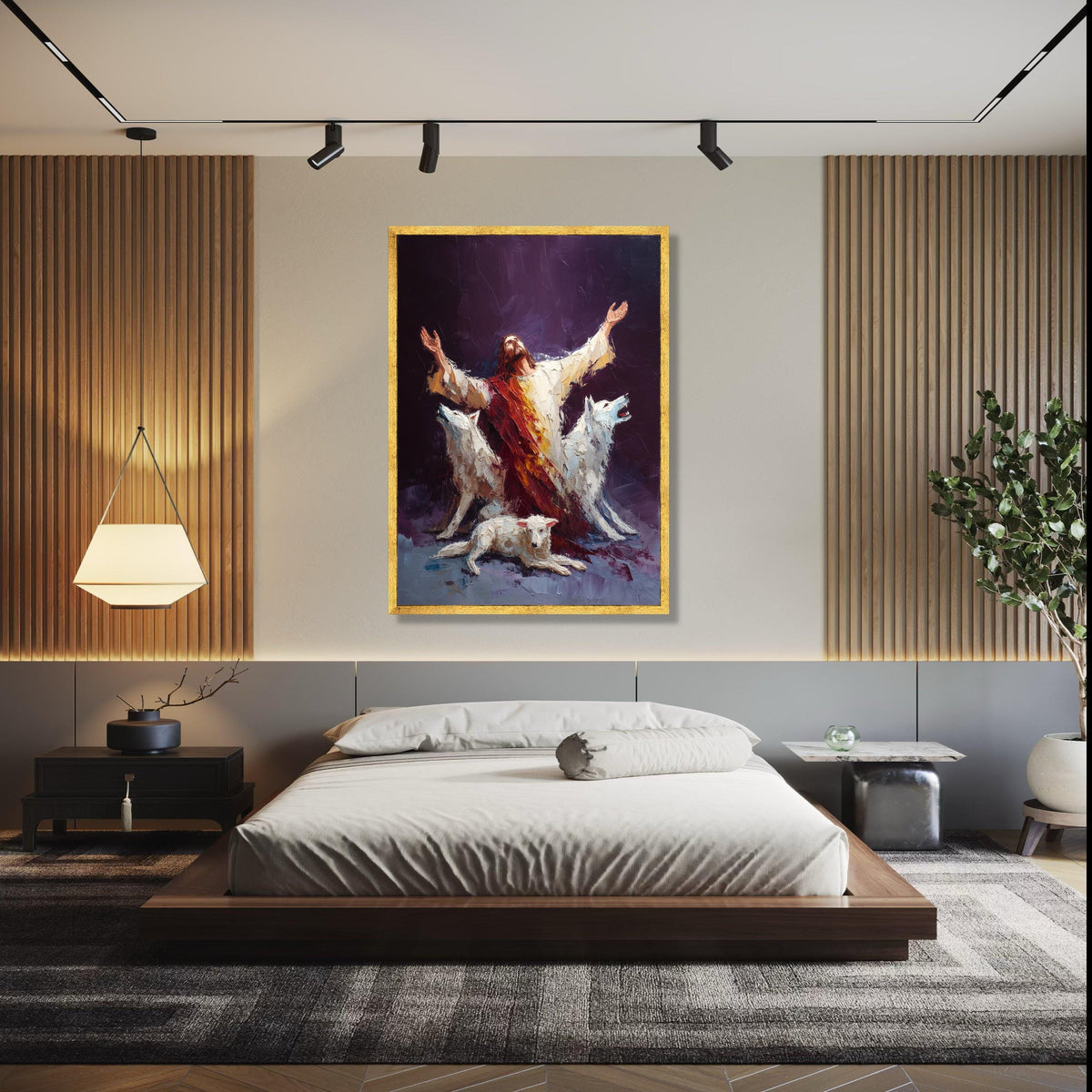 Spiritual Guardian Jesus with White Wolves Canvas, Religious Wall Art, Inspirational Christian Painting, Gift Art, Home Decor, Print