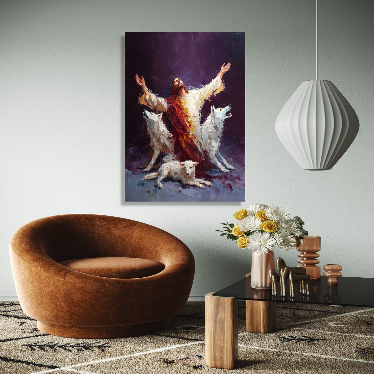 Spiritual Guardian Jesus with White Wolves Canvas, Religious Wall Art, Inspirational Christian Painting, Gift Art, Home Decor, Print