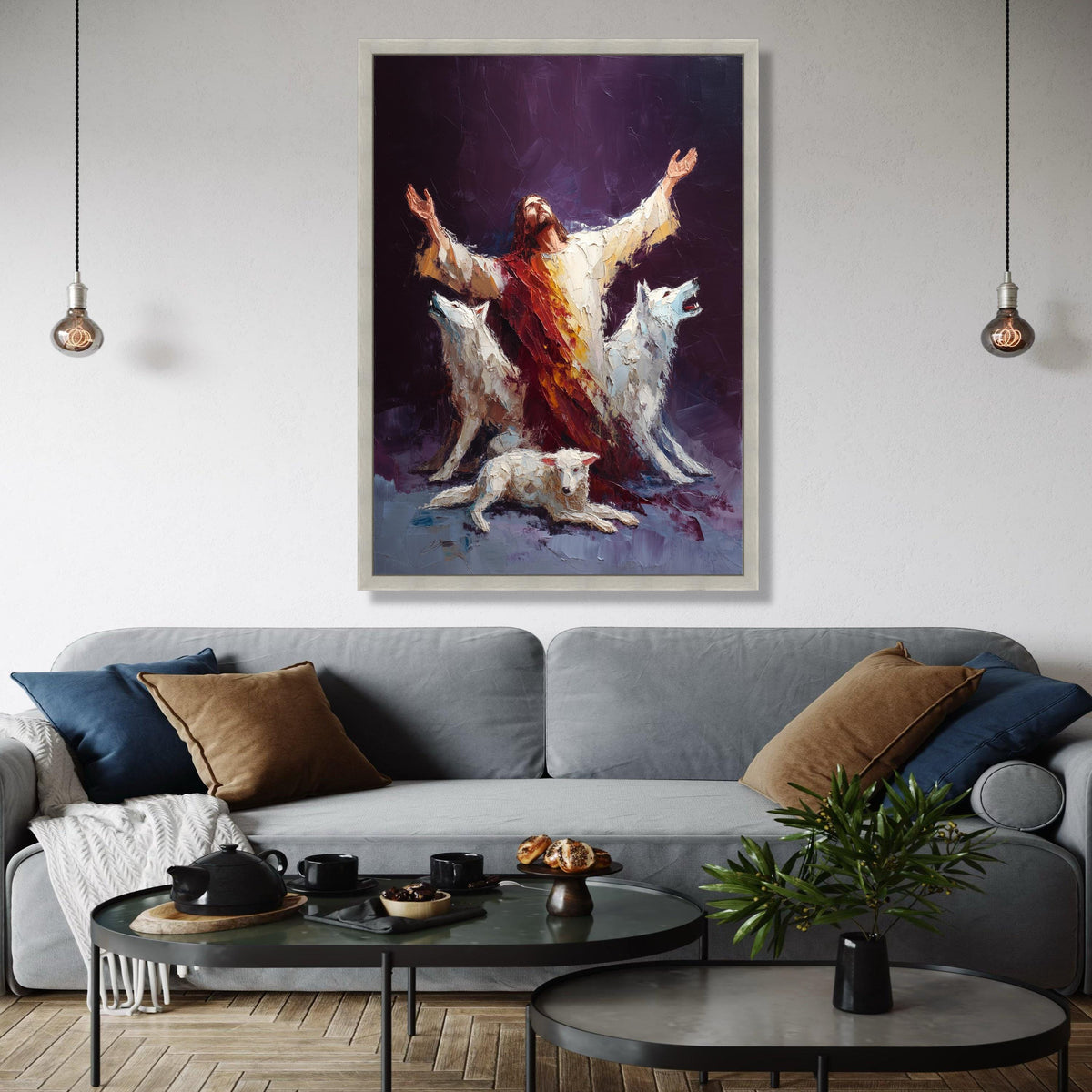 Spiritual Guardian Jesus with White Wolves Canvas, Religious Wall Art, Inspirational Christian Painting, Gift Art, Home Decor, Print
