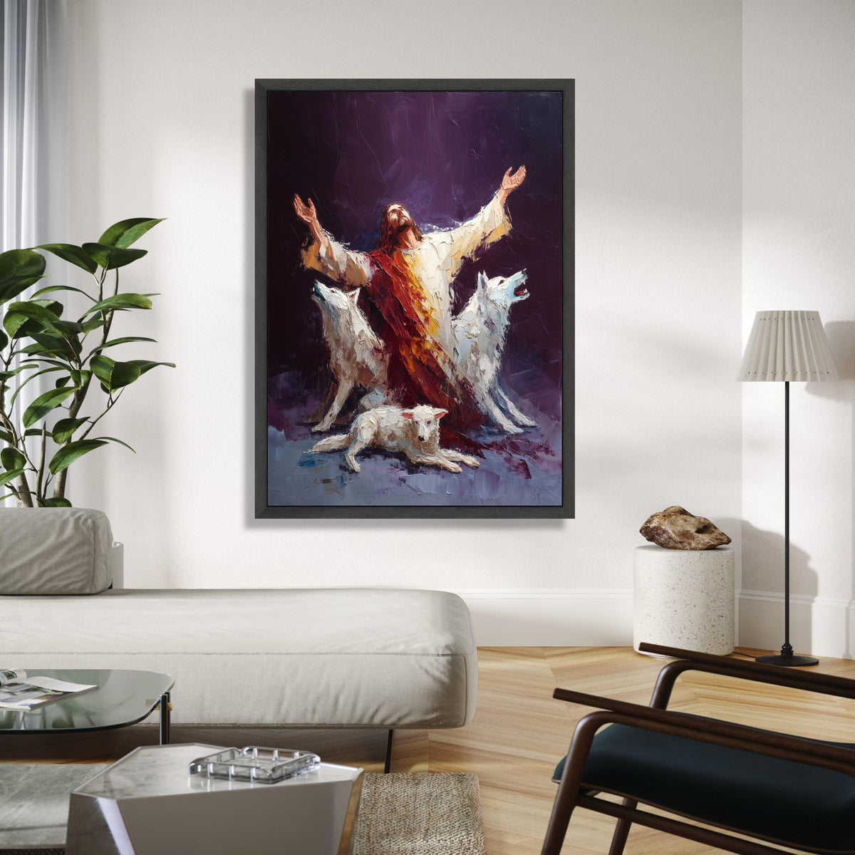 Spiritual Guardian Jesus with White Wolves Canvas, Religious Wall Art, Inspirational Christian Painting, Gift Art, Home Decor, Print