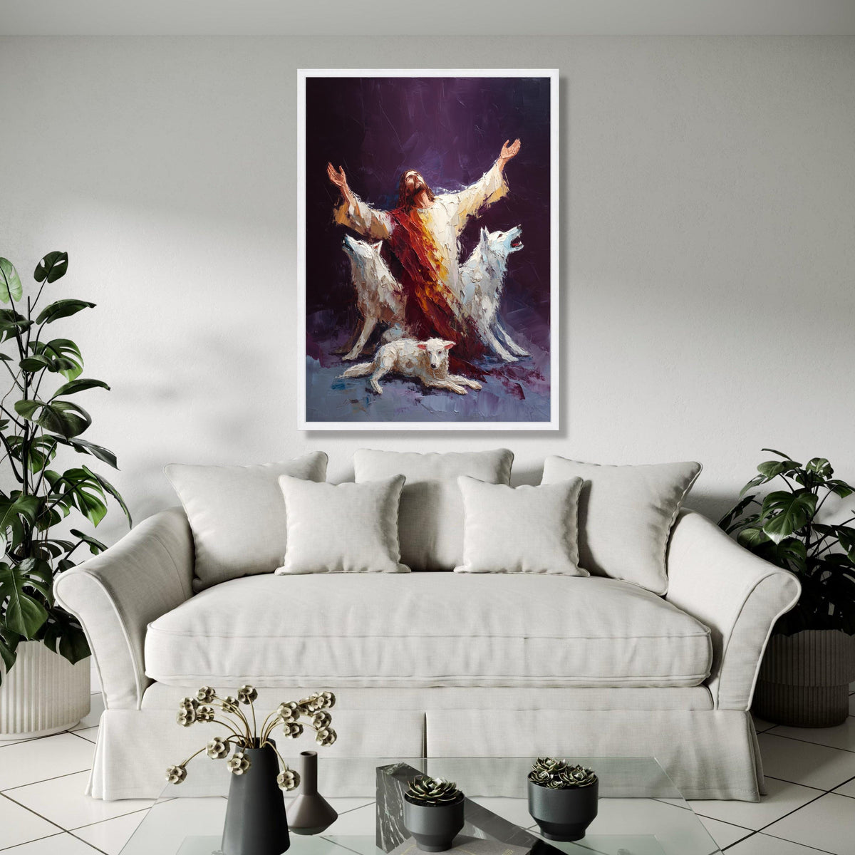 Spiritual Guardian Jesus with White Wolves Canvas, Religious Wall Art, Inspirational Christian Painting, Gift Art, Home Decor, Print