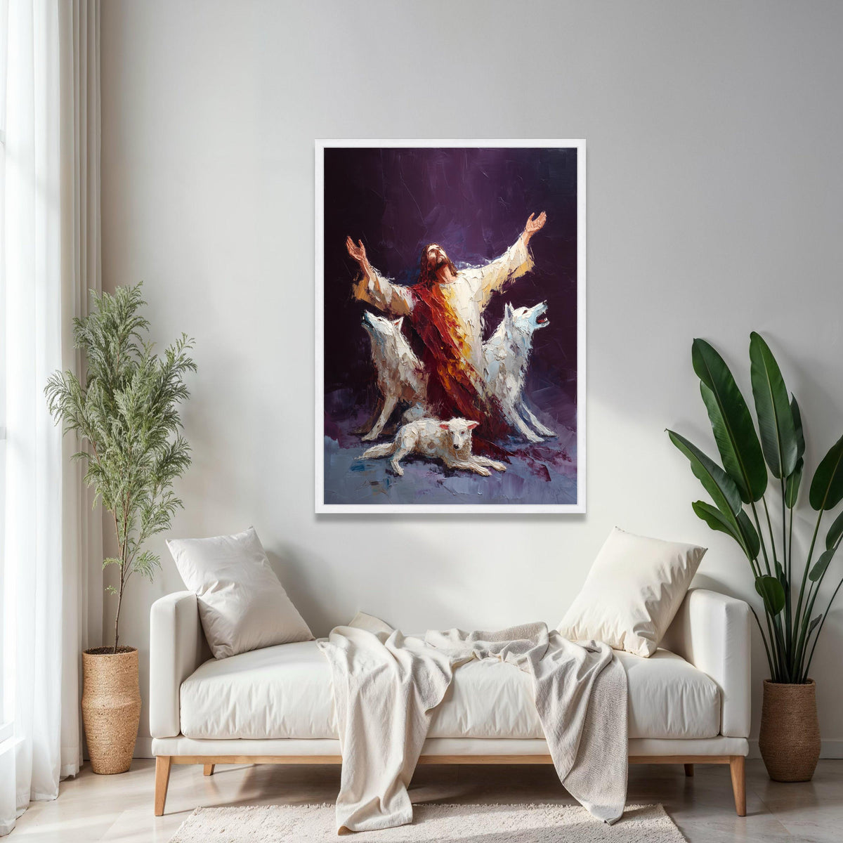 Spiritual Guardian Jesus with White Wolves Canvas, Religious Wall Art, Inspirational Christian Painting, Gift Art, Home Decor, Print