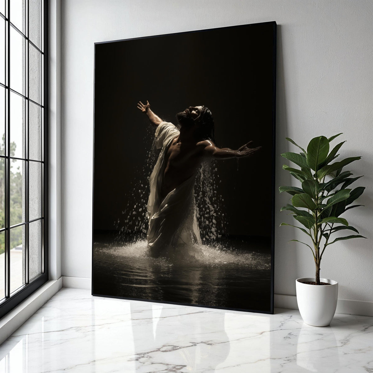 Inspirational Jesus Christ Canvas Wall Art, Spiritual Water Baptism Scene, Religious Home Decor, Faith and Grace Gift Art, Home Decor, Print