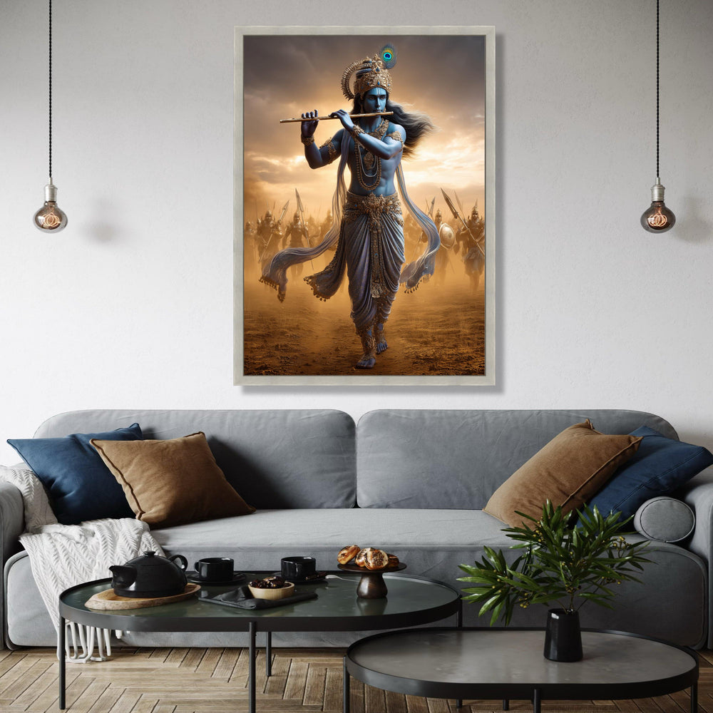 Divine Krishna Playing Flute Canvas, Mythological Indian Art, Warrior Soldiers Background, Spiritual Wall Art, Gift Art, Home Decor, Print