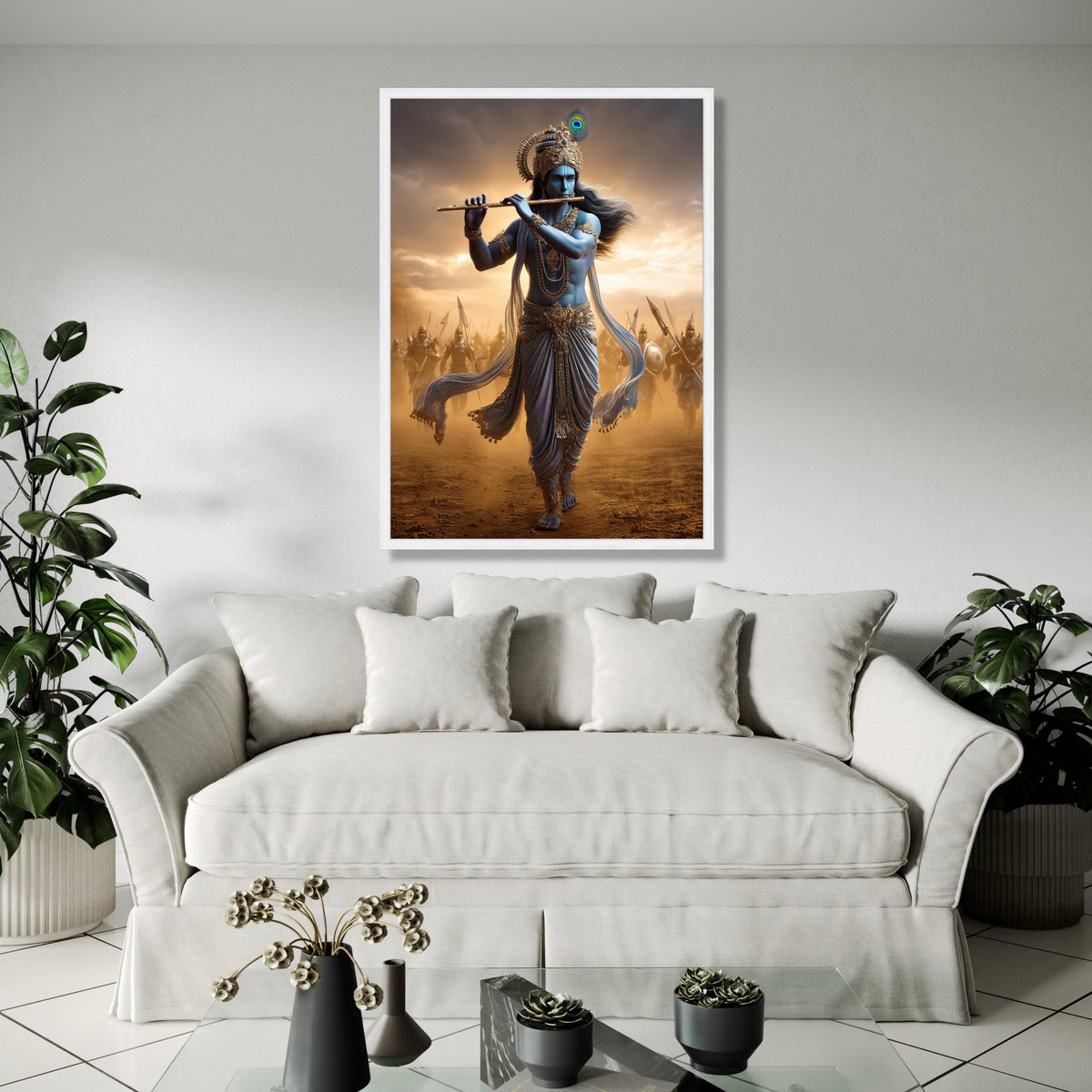 Divine Krishna Playing Flute Canvas, Mythological Indian Art, Warrior Soldiers Background, Spiritual Wall Art, Gift Art, Home Decor, Print