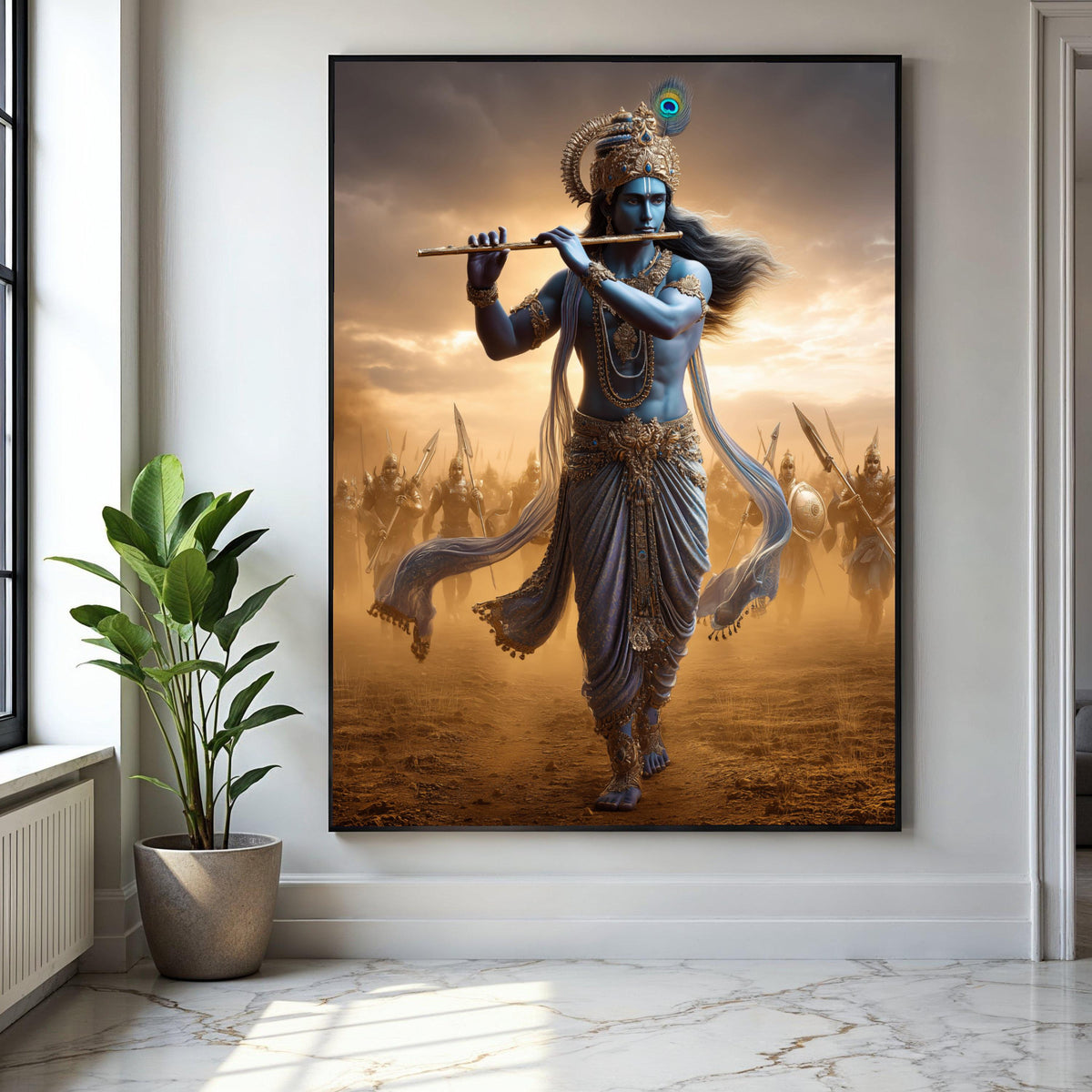 Divine Krishna Playing Flute Canvas, Mythological Indian Art, Warrior Soldiers Background, Spiritual Wall Art, Gift Art, Home Decor, Print