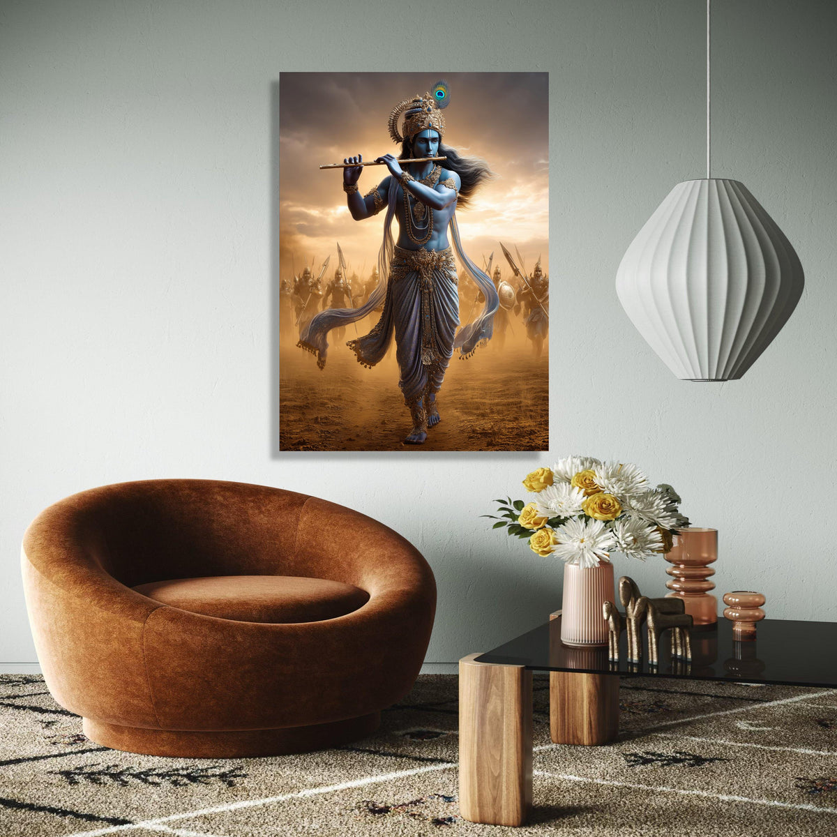 Divine Krishna Playing Flute Canvas, Mythological Indian Art, Warrior Soldiers Background, Spiritual Wall Art, Gift Art, Home Decor, Print