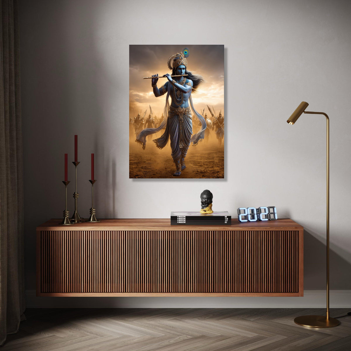 Divine Krishna Playing Flute Canvas, Mythological Indian Art, Warrior Soldiers Background, Spiritual Wall Art, Gift Art, Home Decor, Print