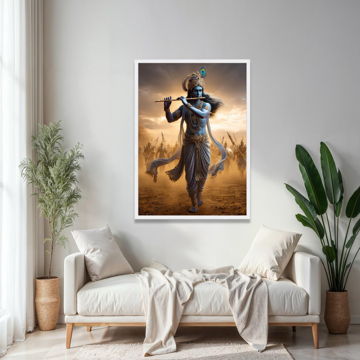 Divine Krishna Playing Flute Canvas, Mythological Indian Art, Warrior Soldiers Background, Spiritual Wall Art, Gift Art, Home Decor, Print