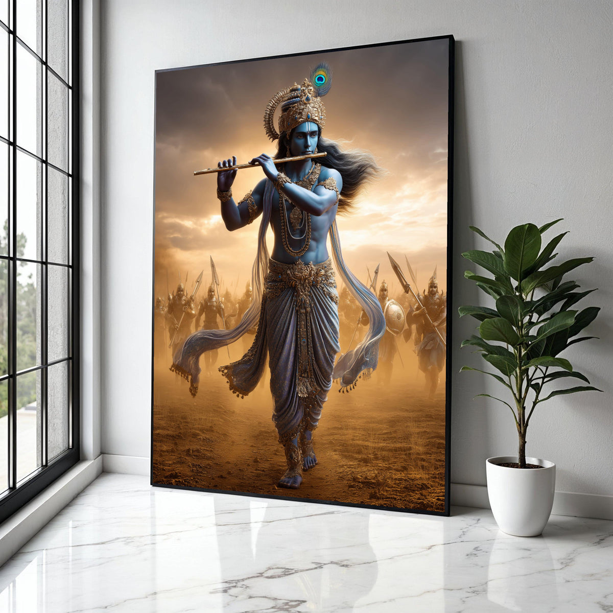 Divine Krishna Playing Flute Canvas, Mythological Indian Art, Warrior Soldiers Background, Spiritual Wall Art, Gift Art, Home Decor, Print