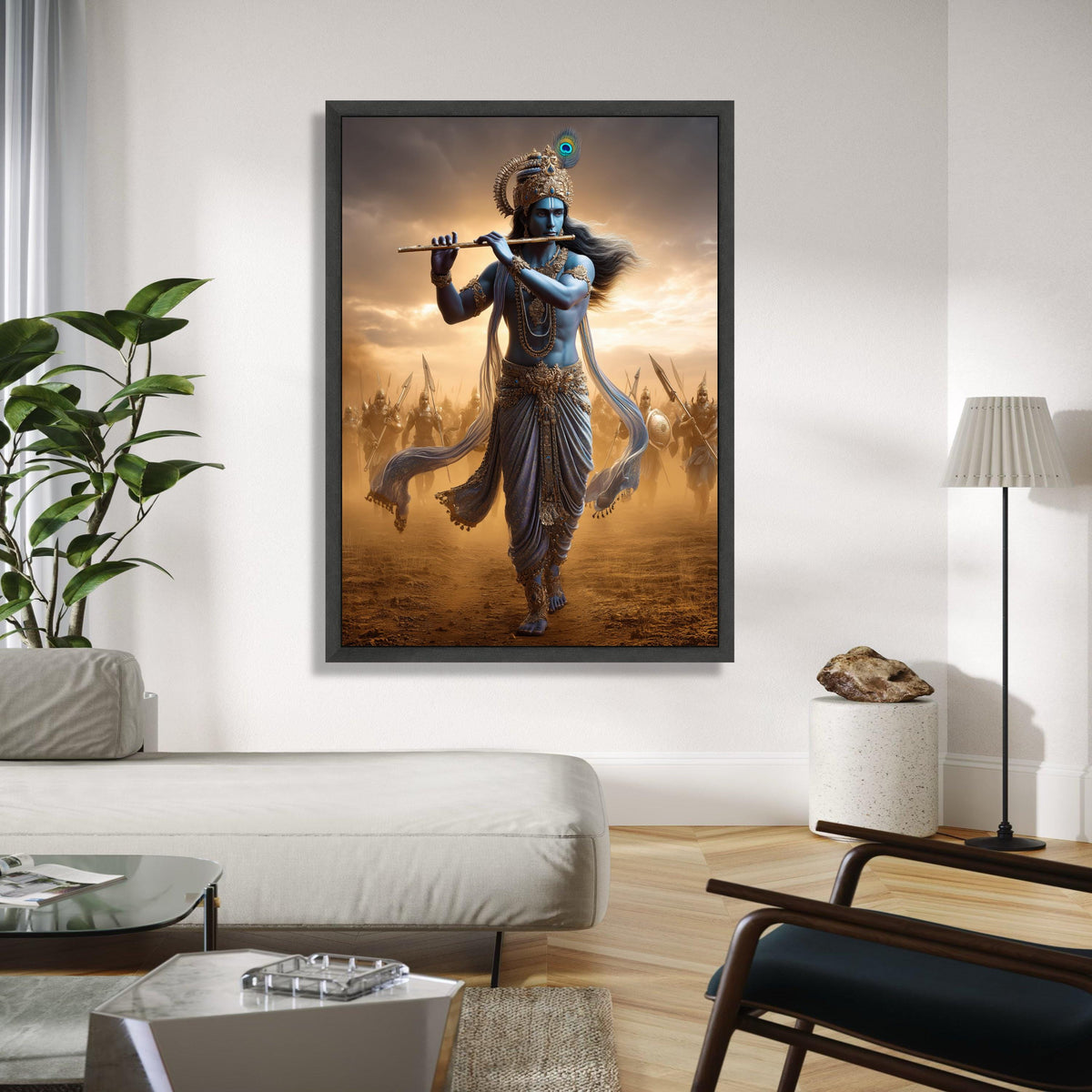 Divine Krishna Playing Flute Canvas, Mythological Indian Art, Warrior Soldiers Background, Spiritual Wall Art, Gift Art, Home Decor, Print