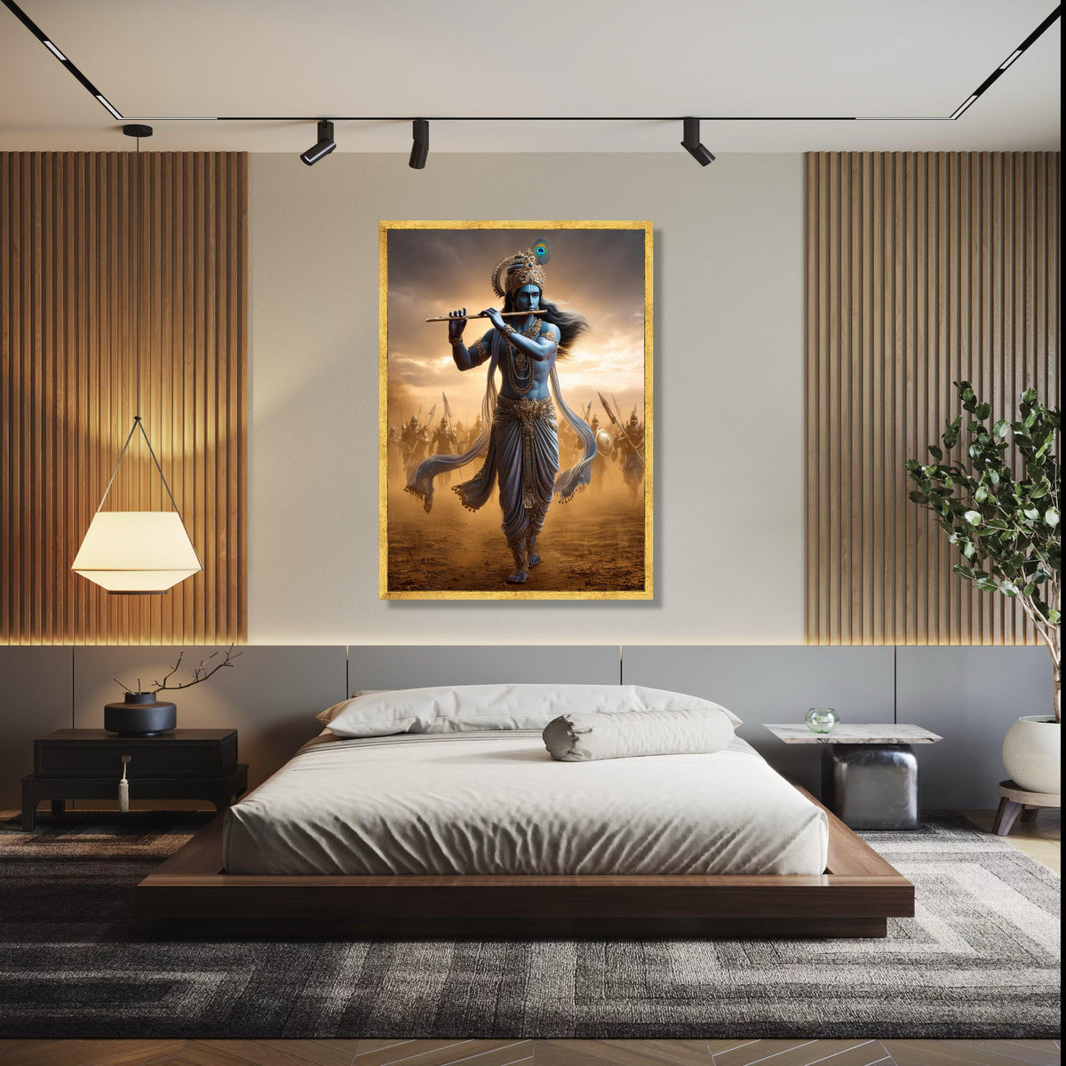 Divine Krishna Playing Flute Canvas, Mythological Indian Art, Warrior Soldiers Background, Spiritual Wall Art, Gift Art, Home Decor, Print