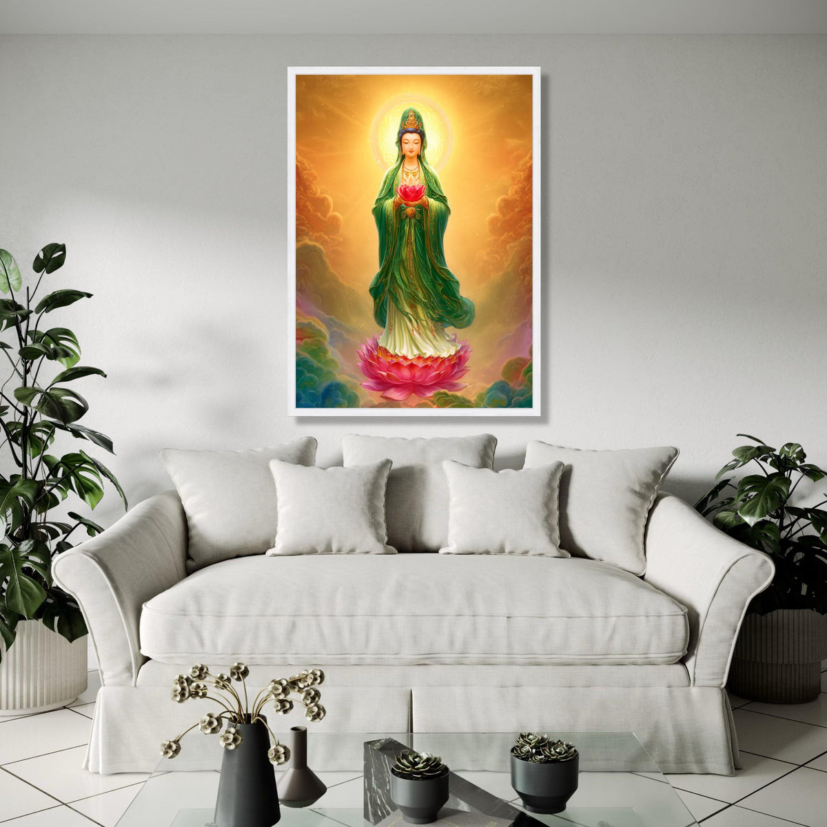 Serene Guan Yin Buddha Canvas, Lotus Flower Spiritual Wall Art, Asian Religious Decor, Meditation Room Canvas, Gift Art, Home Decor, Print