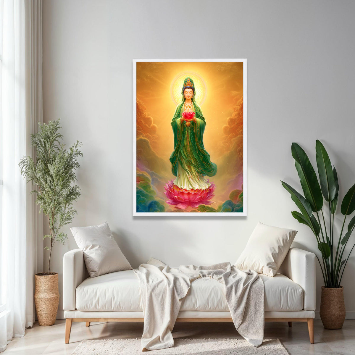 Serene Guan Yin Buddha Canvas, Lotus Flower Spiritual Wall Art, Asian Religious Decor, Meditation Room Canvas, Gift Art, Home Decor, Print