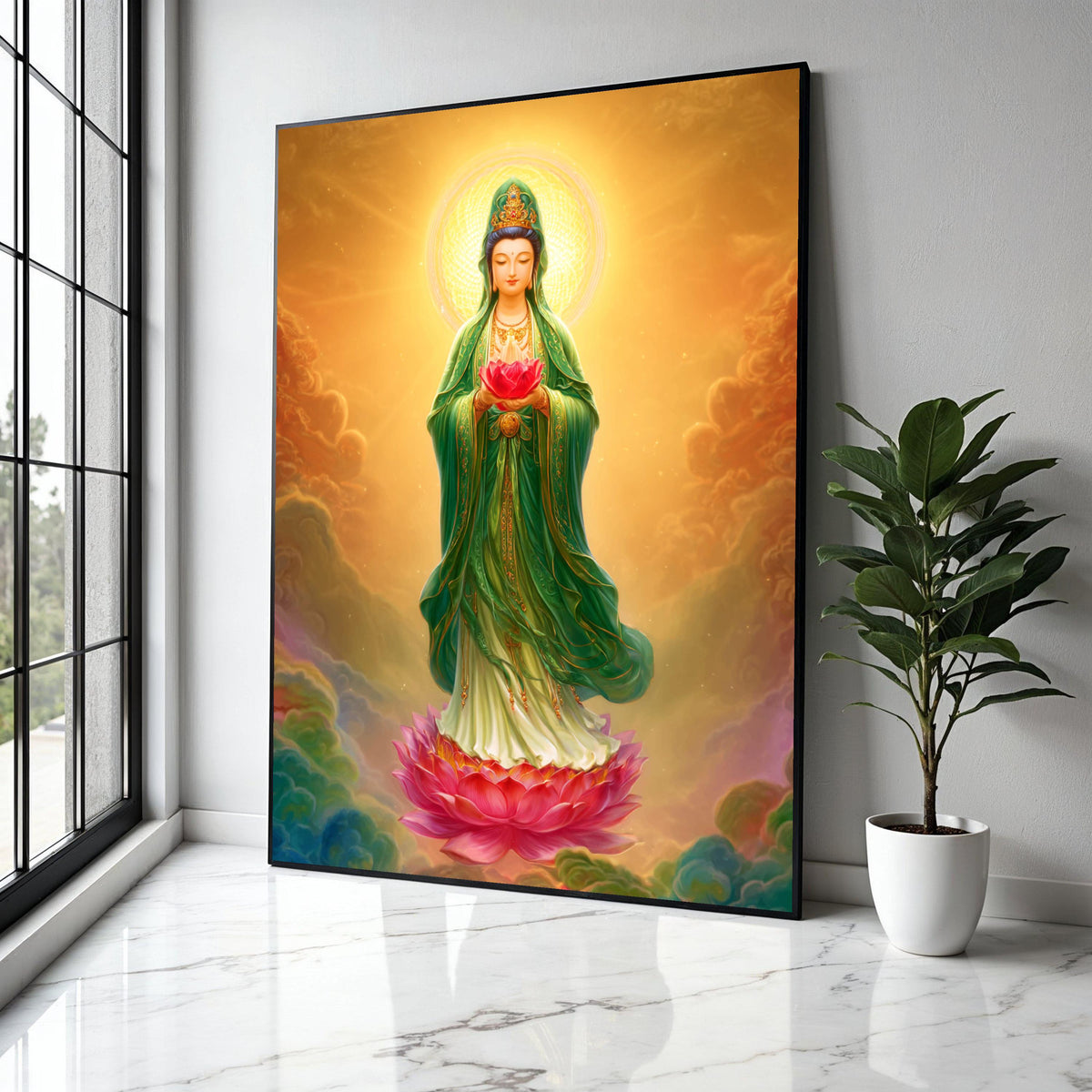 Serene Guan Yin Buddha Canvas, Lotus Flower Spiritual Wall Art, Asian Religious Decor, Meditation Room Canvas, Gift Art, Home Decor, Print