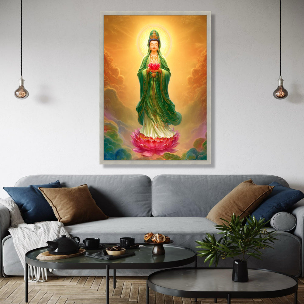 Serene Guan Yin Buddha Canvas, Lotus Flower Spiritual Wall Art, Asian Religious Decor, Meditation Room Canvas, Gift Art, Home Decor, Print