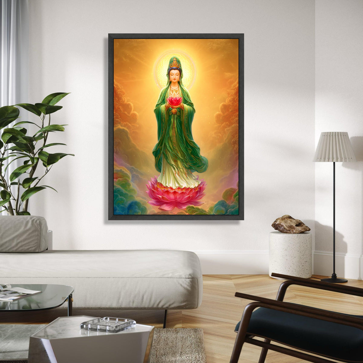 Serene Guan Yin Buddha Canvas, Lotus Flower Spiritual Wall Art, Asian Religious Decor, Meditation Room Canvas, Gift Art, Home Decor, Print