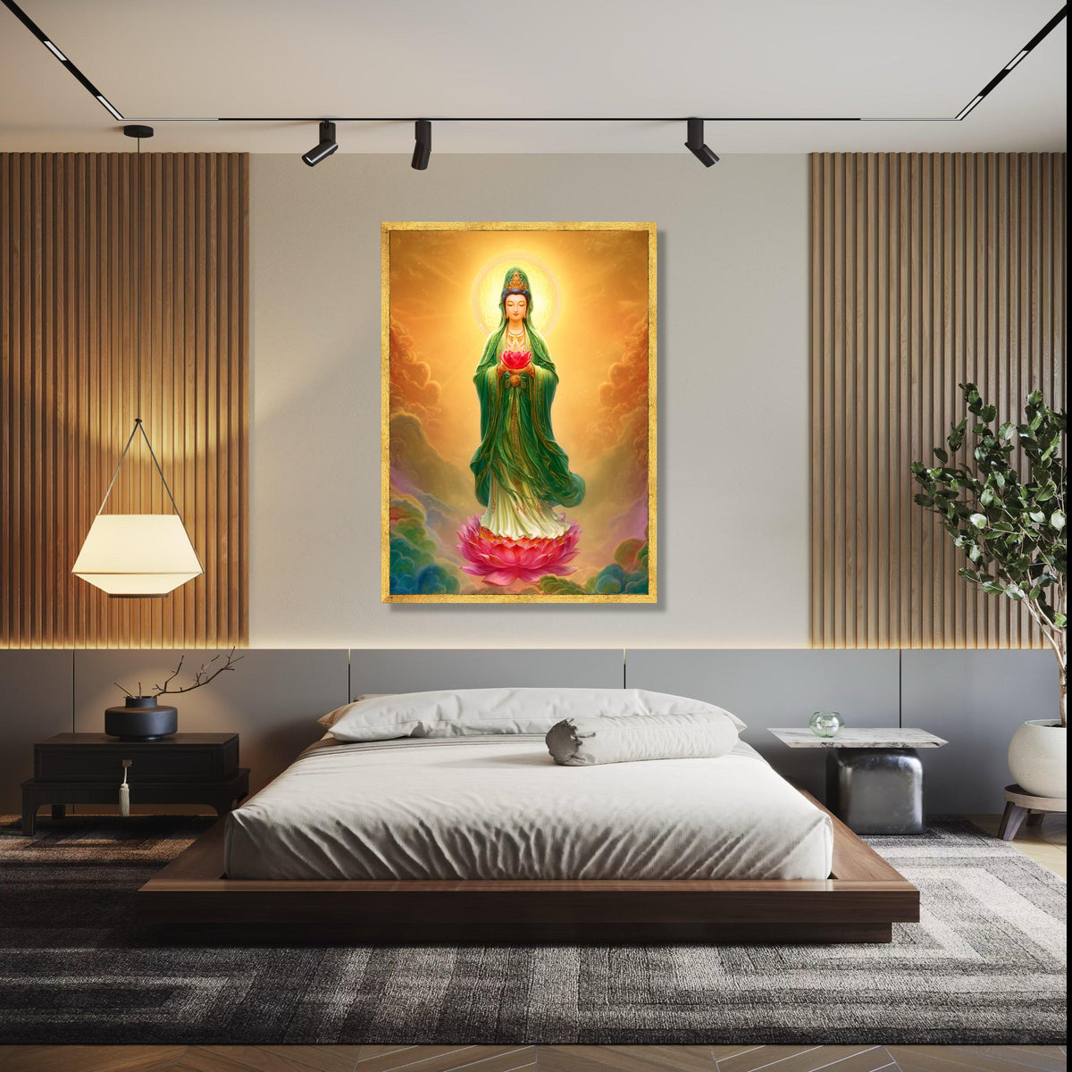 Serene Guan Yin Buddha Canvas, Lotus Flower Spiritual Wall Art, Asian Religious Decor, Meditation Room Canvas, Gift Art, Home Decor, Print