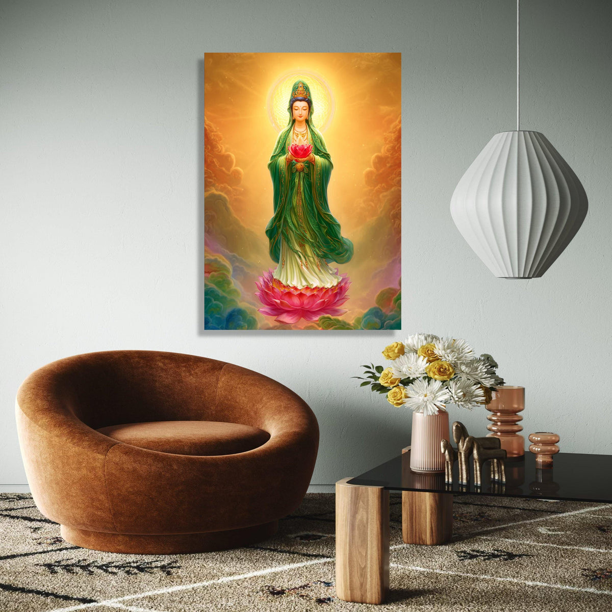 Serene Guan Yin Buddha Canvas, Lotus Flower Spiritual Wall Art, Asian Religious Decor, Meditation Room Canvas, Gift Art, Home Decor, Print