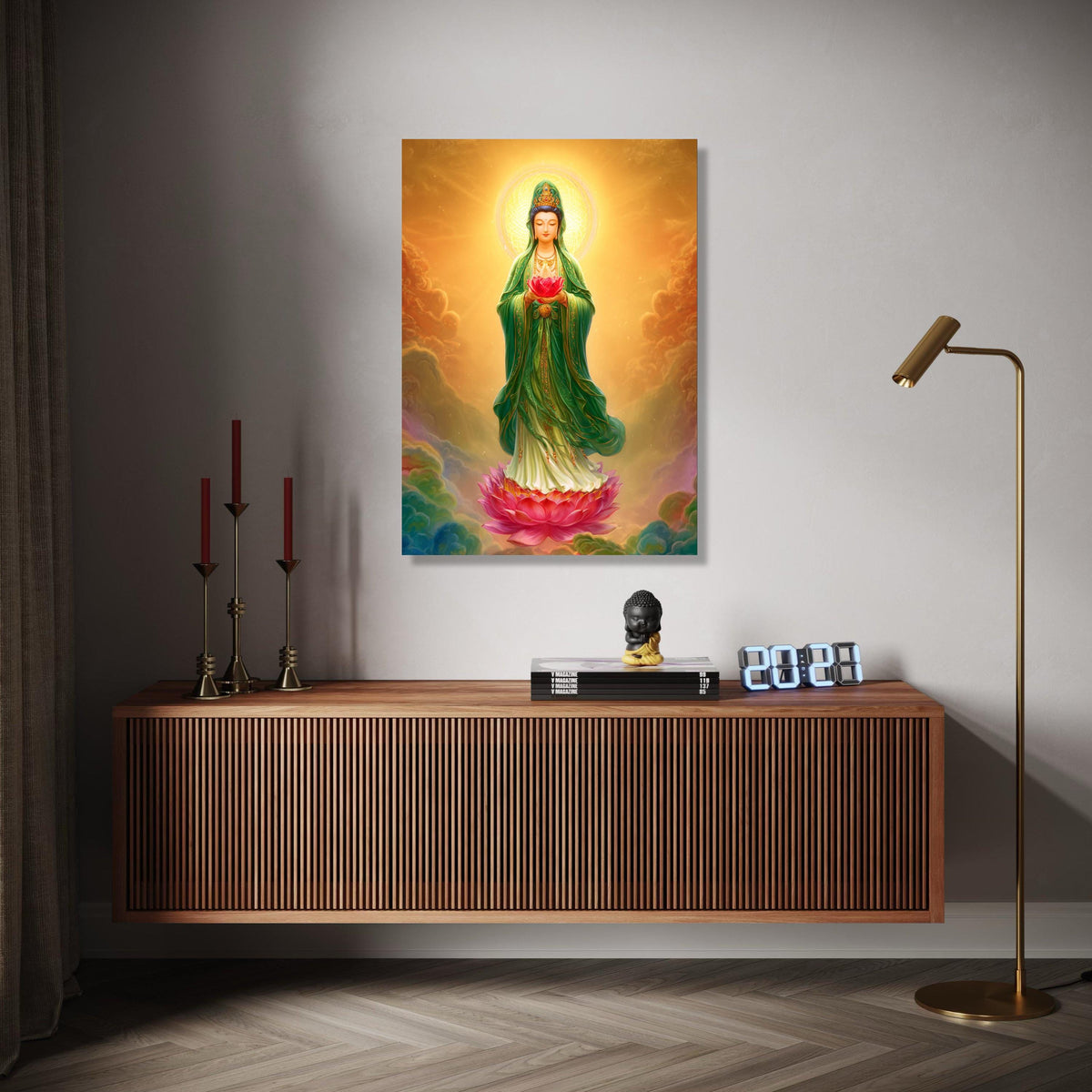 Serene Guan Yin Buddha Canvas, Lotus Flower Spiritual Wall Art, Asian Religious Decor, Meditation Room Canvas, Gift Art, Home Decor, Print