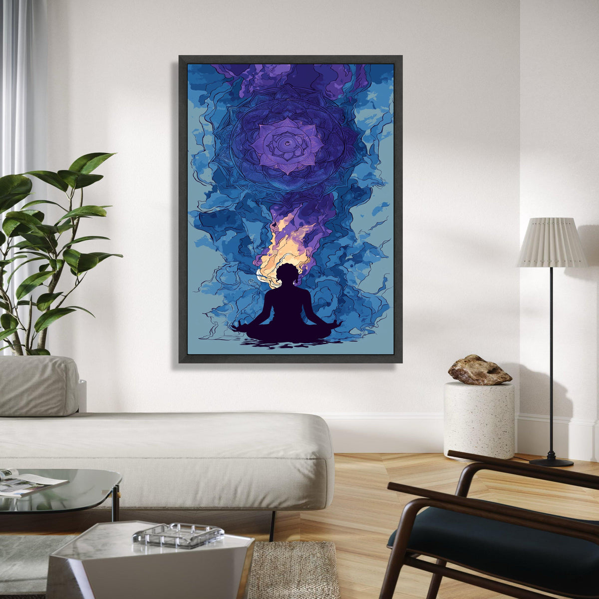 Meditation Silhouette with Chakra Mandala Canvas, Spiritual Wall Art, Yoga Decor, Violet and Blue Abstract Gift Art, Home Decor, Print