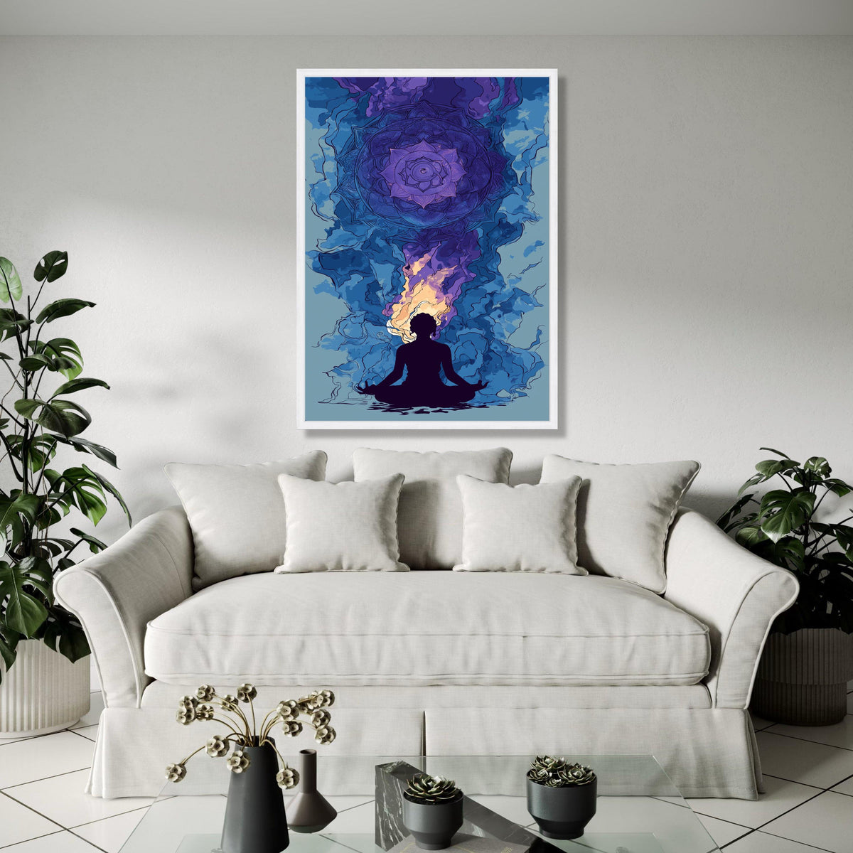 Meditation Silhouette with Chakra Mandala Canvas, Spiritual Wall Art, Yoga Decor, Violet and Blue Abstract Gift Art, Home Decor, Print