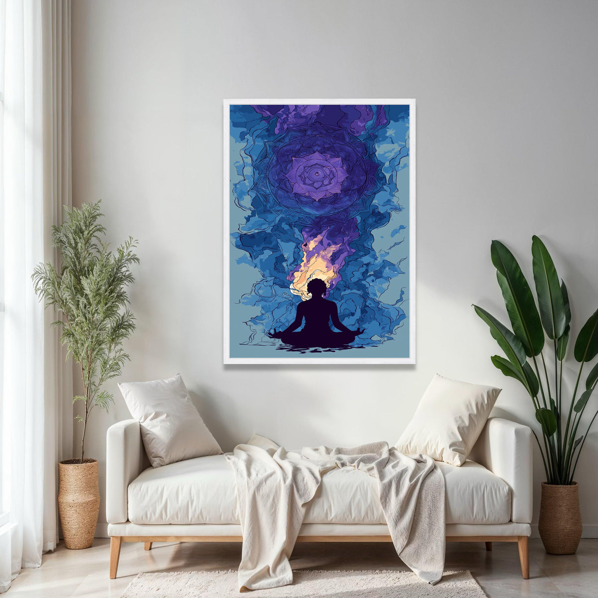 Meditation Silhouette with Chakra Mandala Canvas, Spiritual Wall Art, Yoga Decor, Violet and Blue Abstract Gift Art, Home Decor, Print
