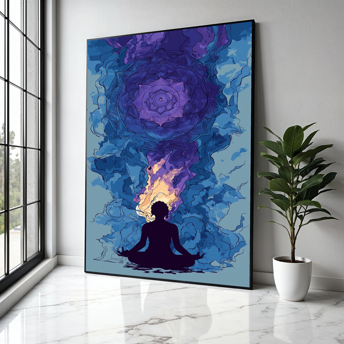 Meditation Silhouette with Chakra Mandala Canvas, Spiritual Wall Art, Yoga Decor, Violet and Blue Abstract Gift Art, Home Decor, Print