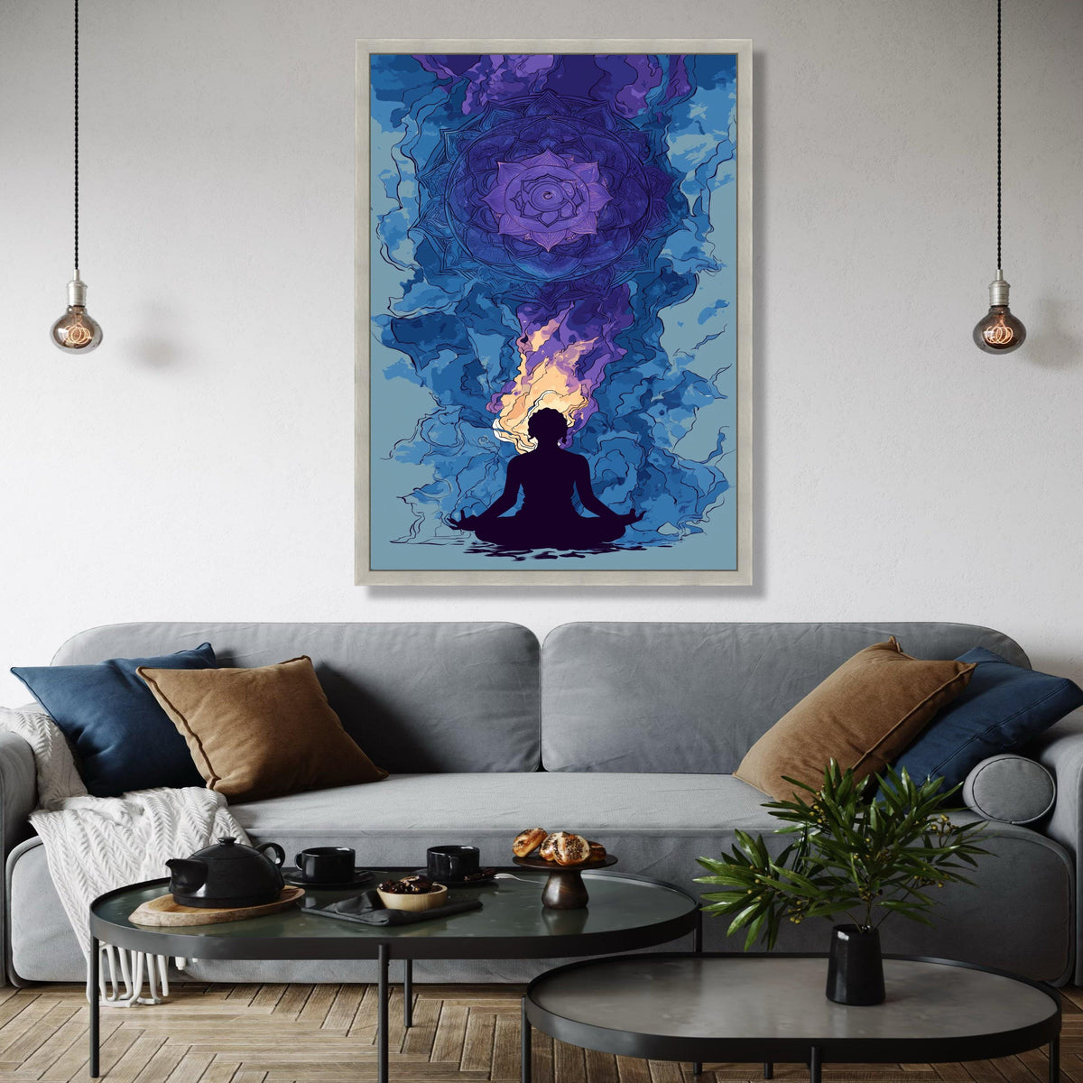 Meditation Silhouette with Chakra Mandala Canvas, Spiritual Wall Art, Yoga Decor, Violet and Blue Abstract Gift Art, Home Decor, Print