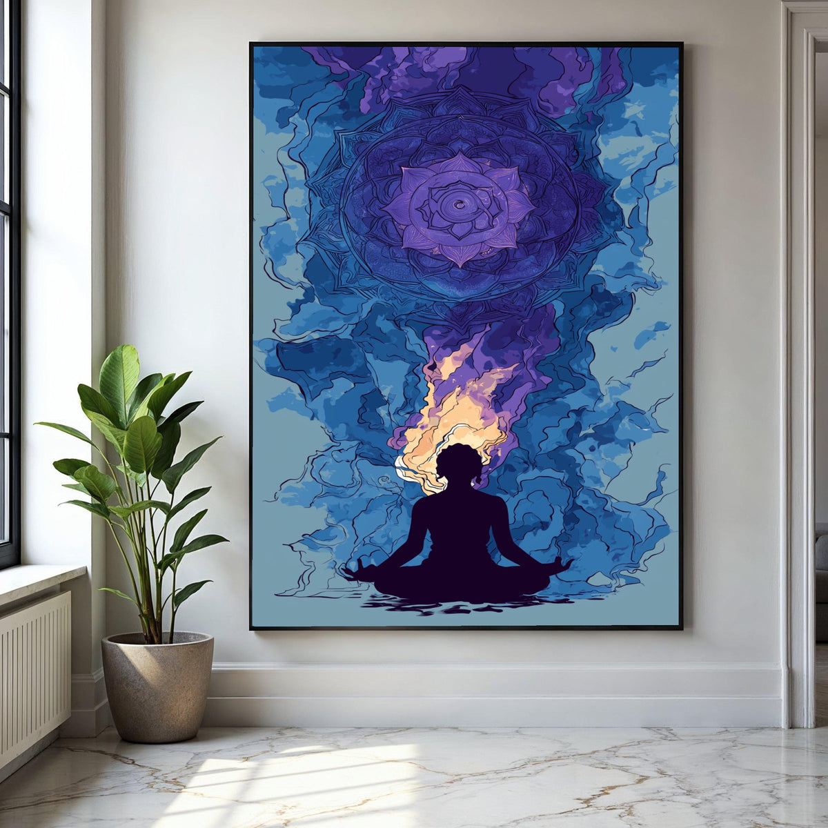 Meditation Silhouette with Chakra Mandala Canvas, Spiritual Wall Art, Yoga Decor, Violet and Blue Abstract Gift Art, Home Decor, Print