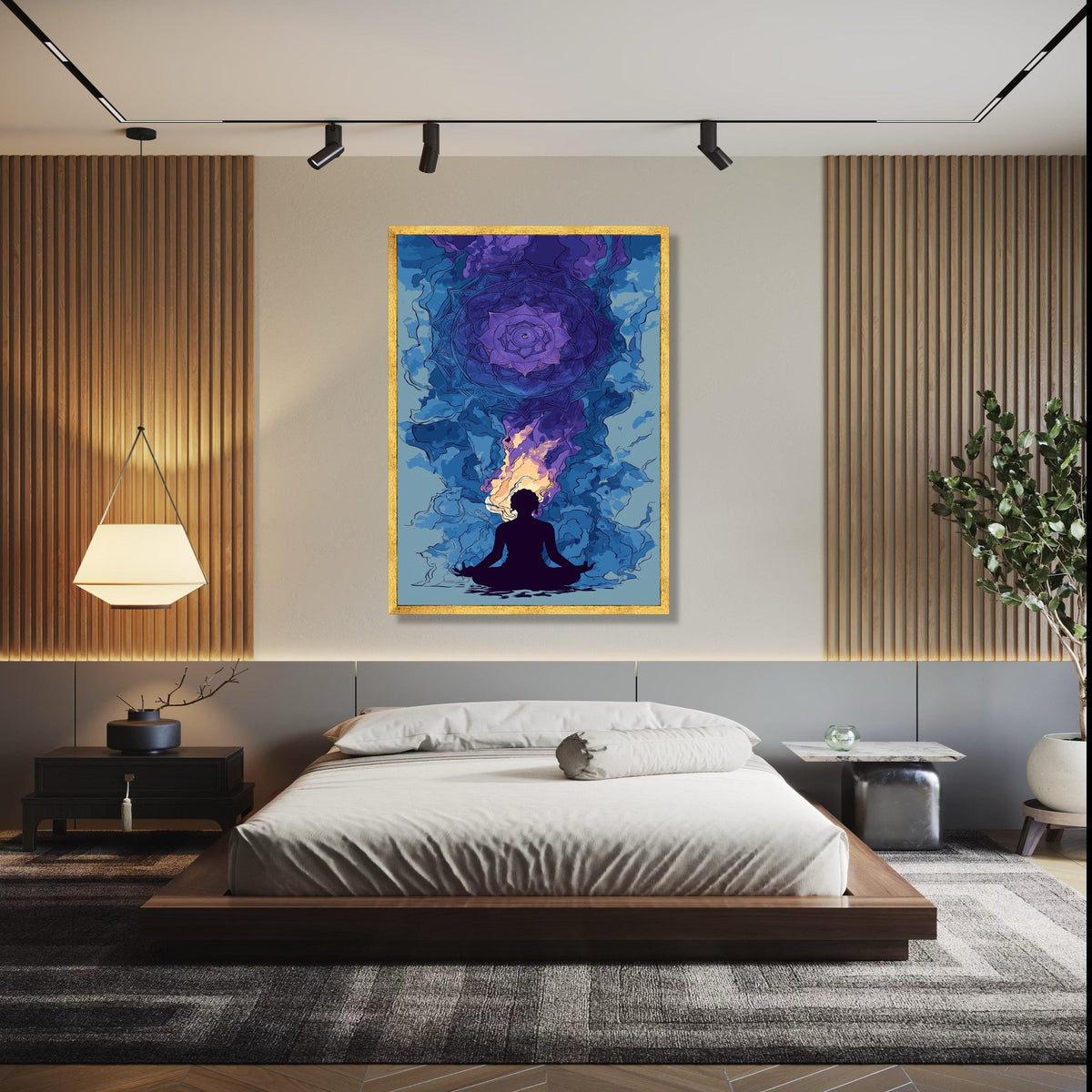 Meditation Silhouette with Chakra Mandala Canvas, Spiritual Wall Art, Yoga Decor, Violet and Blue Abstract Gift Art, Home Decor, Print