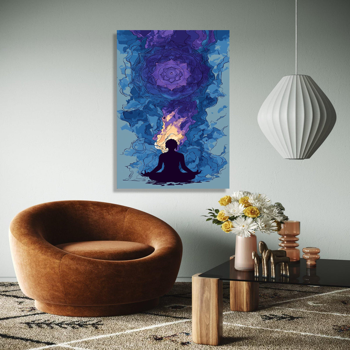 Meditation Silhouette with Chakra Mandala Canvas, Spiritual Wall Art, Yoga Decor, Violet and Blue Abstract Gift Art, Home Decor, Print