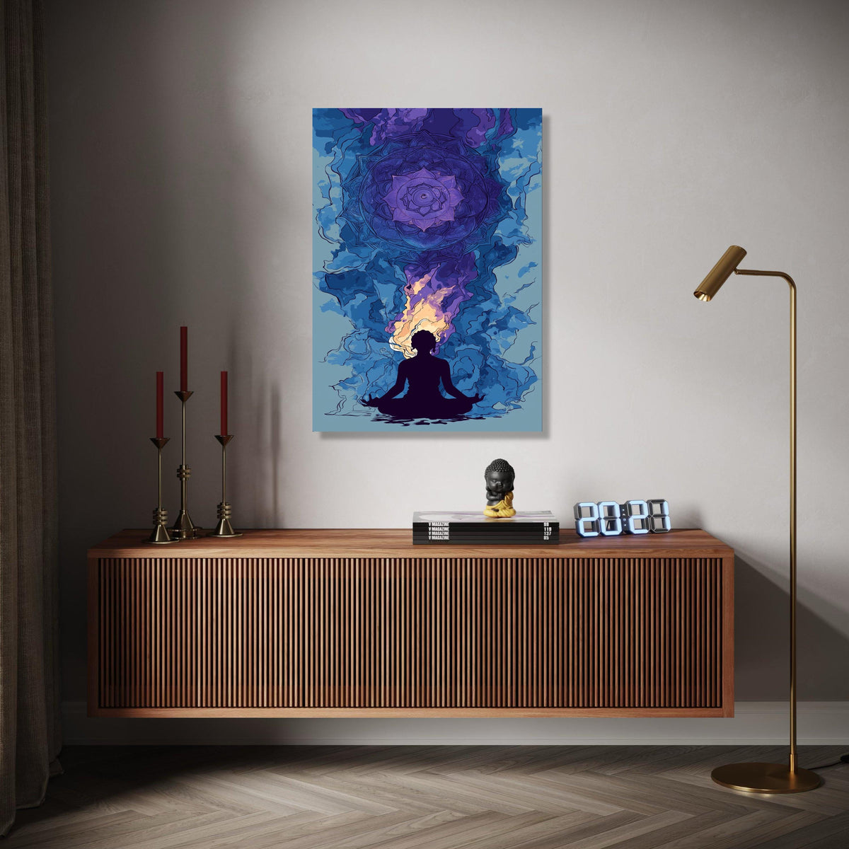Meditation Silhouette with Chakra Mandala Canvas, Spiritual Wall Art, Yoga Decor, Violet and Blue Abstract Gift Art, Home Decor, Print