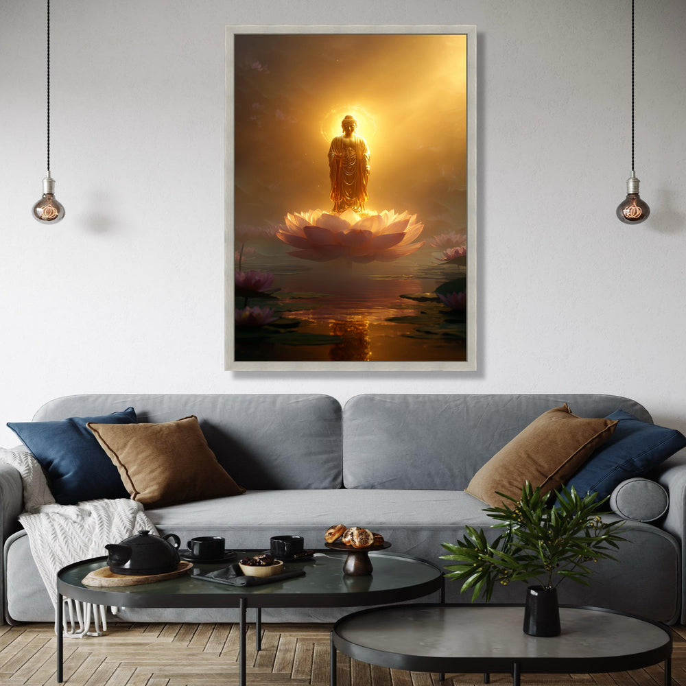 Illuminated Buddha Statue on Lotus Flower Canvas, Spiritual Wall Art, Golden Meditation Decor, Zen Buddhist Gift Art, Home Decor, Print
