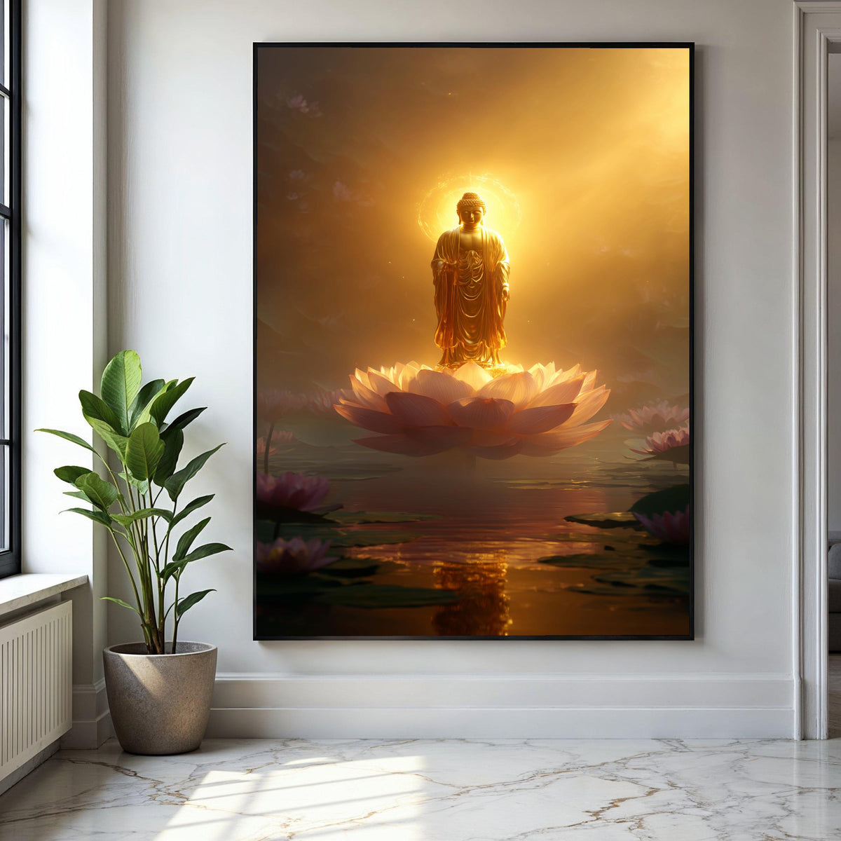 Illuminated Buddha Statue on Lotus Flower Canvas, Spiritual Wall Art, Golden Meditation Decor, Zen Buddhist Gift Art, Home Decor, Print