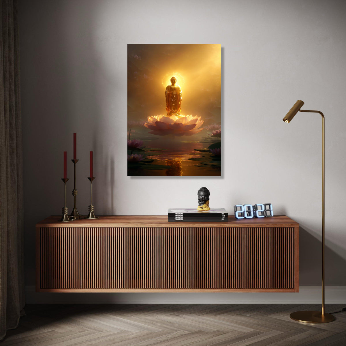 Illuminated Buddha Statue on Lotus Flower Canvas, Spiritual Wall Art, Golden Meditation Decor, Zen Buddhist Gift Art, Home Decor, Print