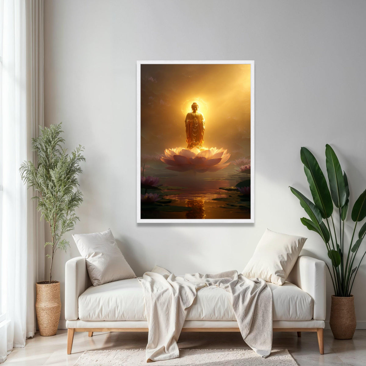 Illuminated Buddha Statue on Lotus Flower Canvas, Spiritual Wall Art, Golden Meditation Decor, Zen Buddhist Gift Art, Home Decor, Print