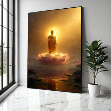Illuminated Buddha Statue on Lotus Flower Canvas, Spiritual Wall Art, Golden Meditation Decor, Zen Buddhist Gift Art, Home Decor, Print