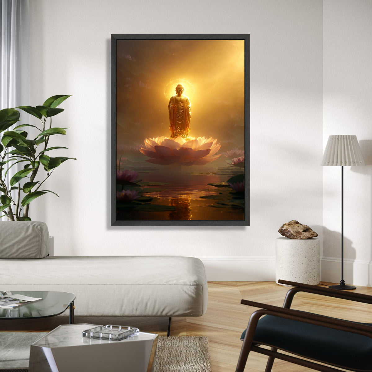 Illuminated Buddha Statue on Lotus Flower Canvas, Spiritual Wall Art, Golden Meditation Decor, Zen Buddhist Gift Art, Home Decor, Print