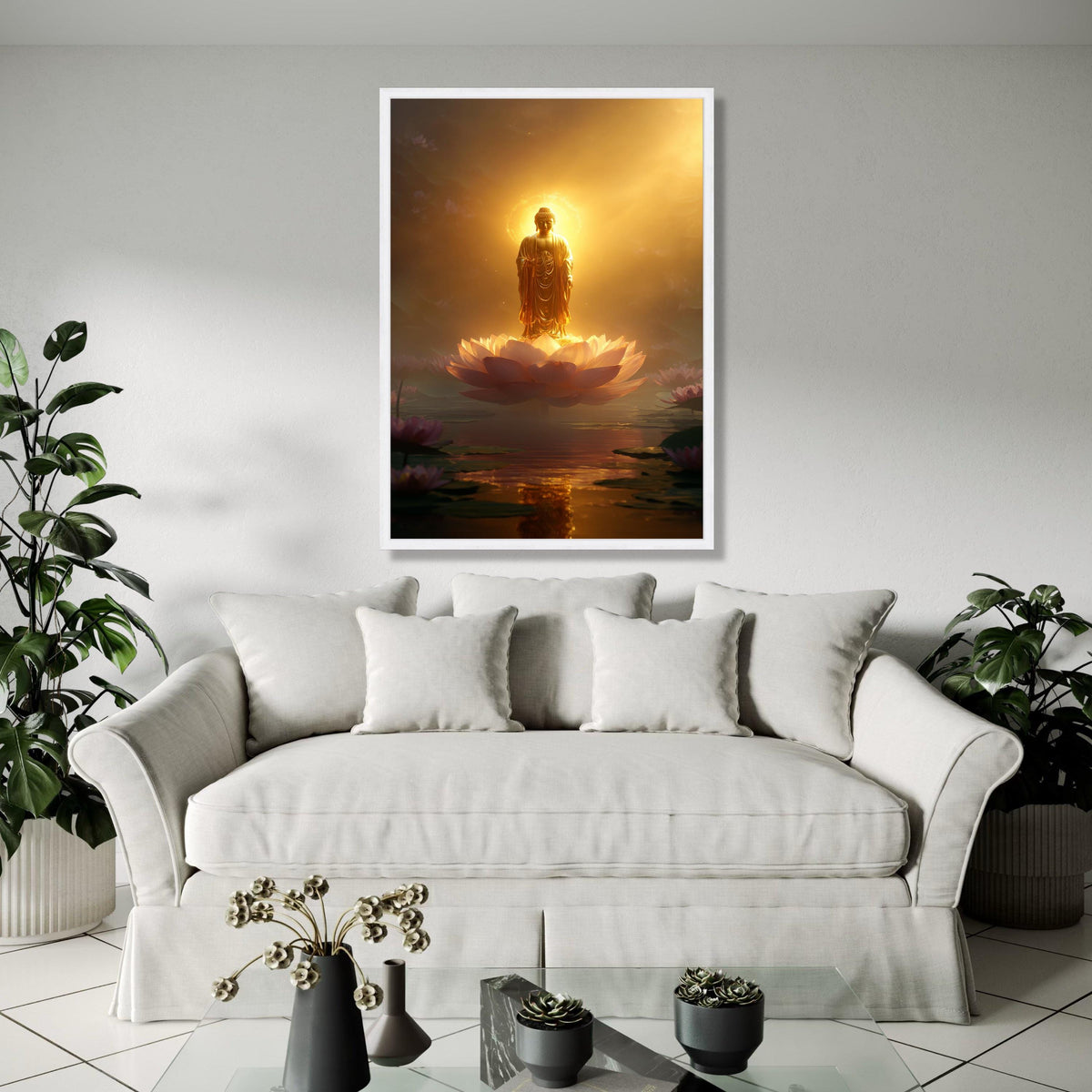 Illuminated Buddha Statue on Lotus Flower Canvas, Spiritual Wall Art, Golden Meditation Decor, Zen Buddhist Gift Art, Home Decor, Print