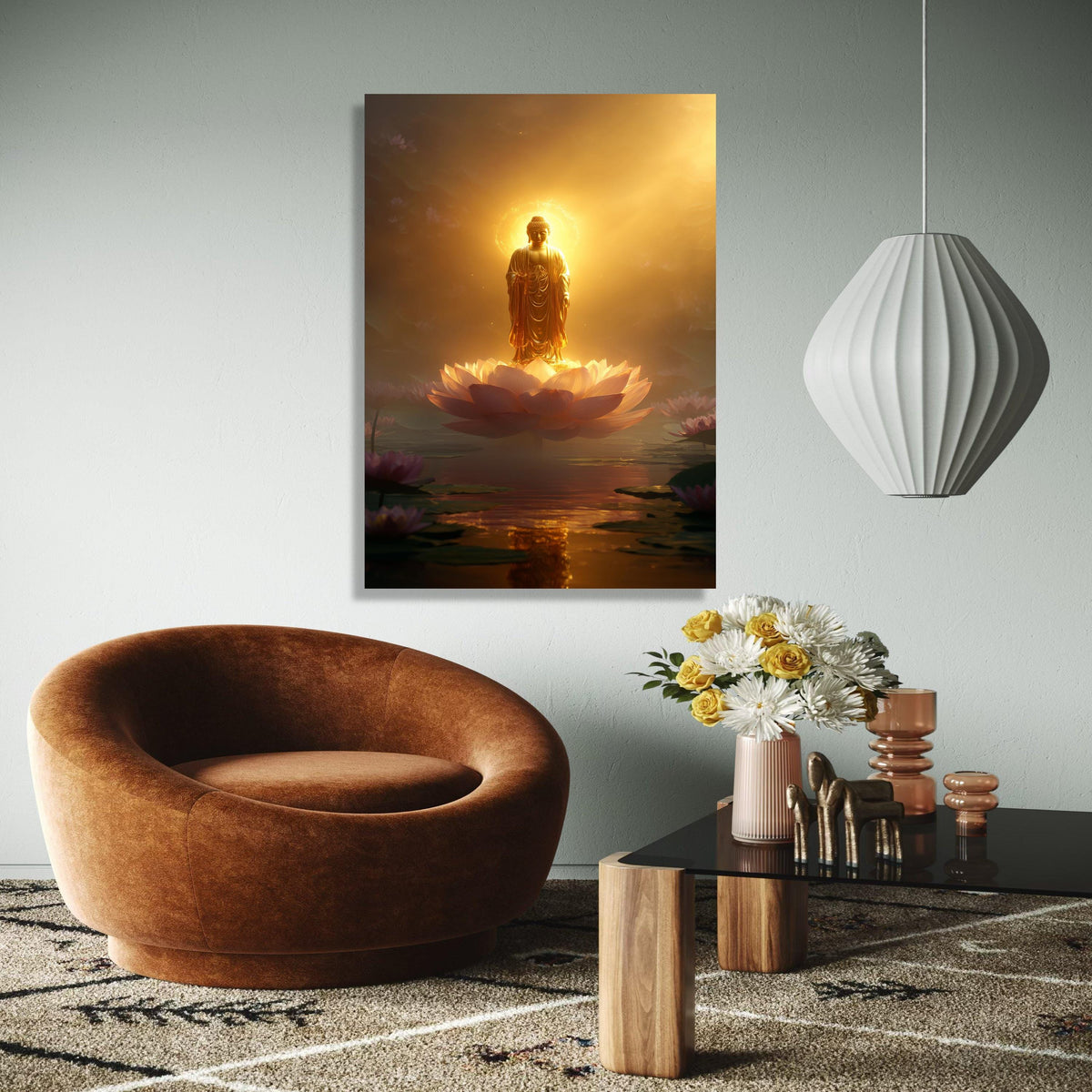 Illuminated Buddha Statue on Lotus Flower Canvas, Spiritual Wall Art, Golden Meditation Decor, Zen Buddhist Gift Art, Home Decor, Print