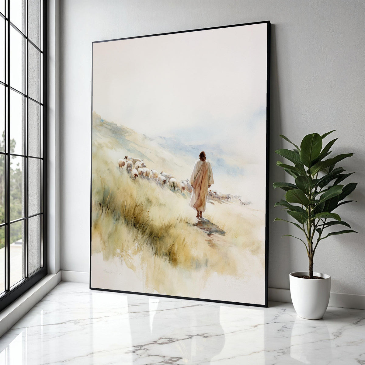 Jesus the Good Shepherd Canvas, Spiritual Wall Art, Christian Faith Painting, Sheep and Shepherd Canvas, Gift Art, Home Decor, Print