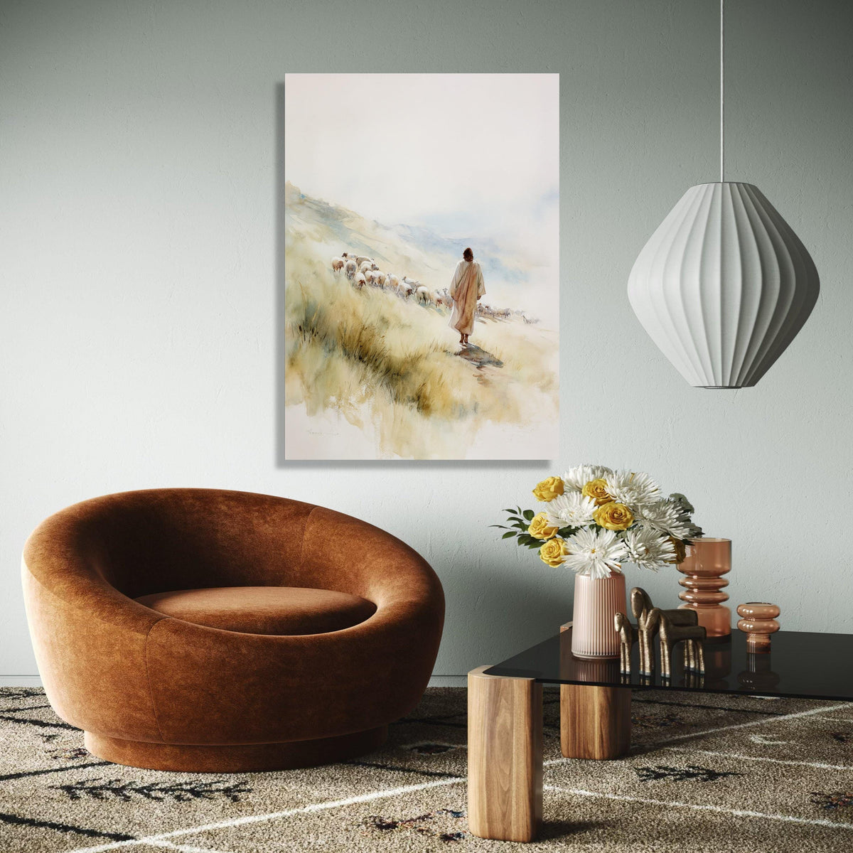 Jesus the Good Shepherd Canvas, Spiritual Wall Art, Christian Faith Painting, Sheep and Shepherd Canvas, Gift Art, Home Decor, Print