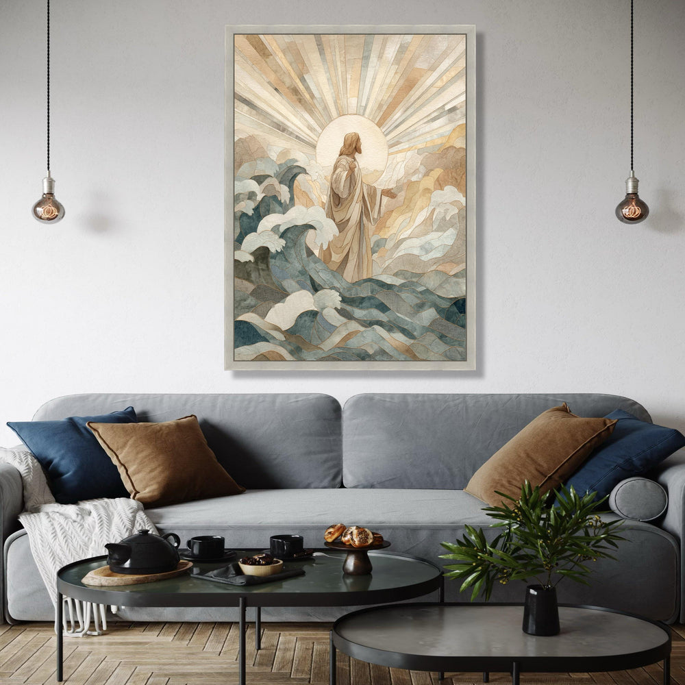 Divine Christ Walking on Water Canvas, Religious Wall Art, Spiritual Christian Decor, Jesus with Radiant Light, Gift Art, Home Decor, Print